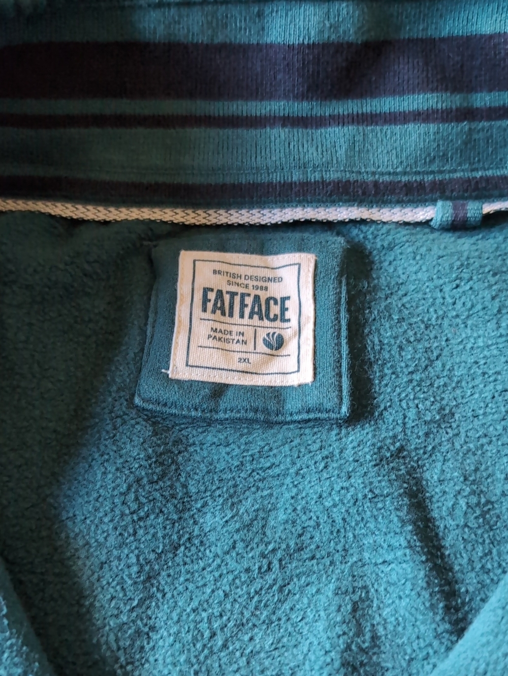 Fat Face Men's Teal and Navy Striped Crewneck Sweater